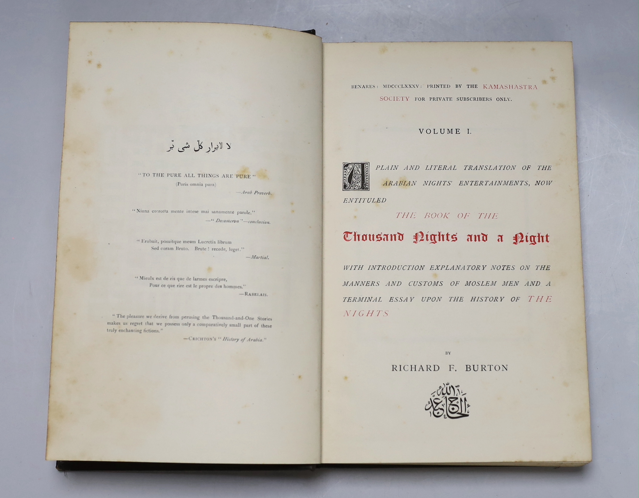 Burton, Sir Richard Francis - the Book of a Thousand Nights and a Night. With introduction explanatory notes of the manners and customs of Moslem men and a terminal essay upon the history of The Nights. 10 vols.; togethe